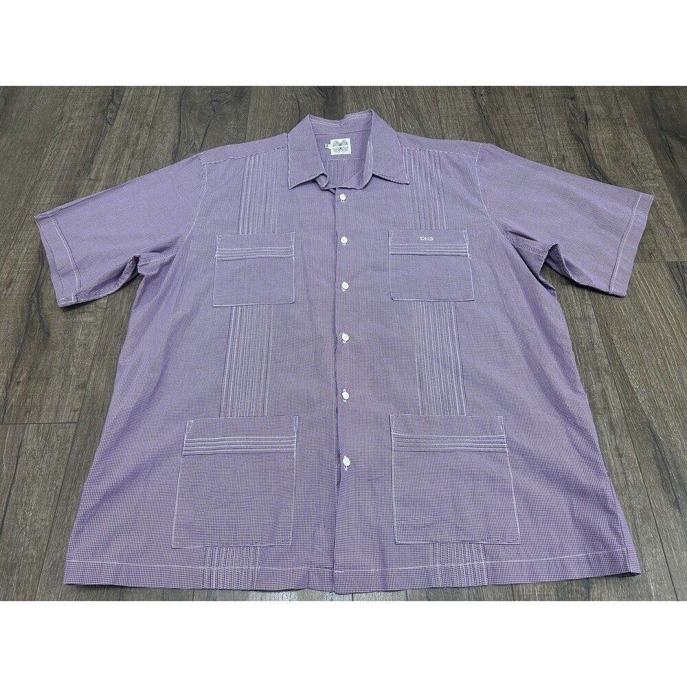 Dos Carolinas Guayabera Mens XXL Purple Gingham Pleats Short Sleeve *embroidered